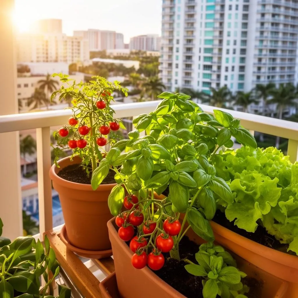 A balcony garden with vegetables growing in pots