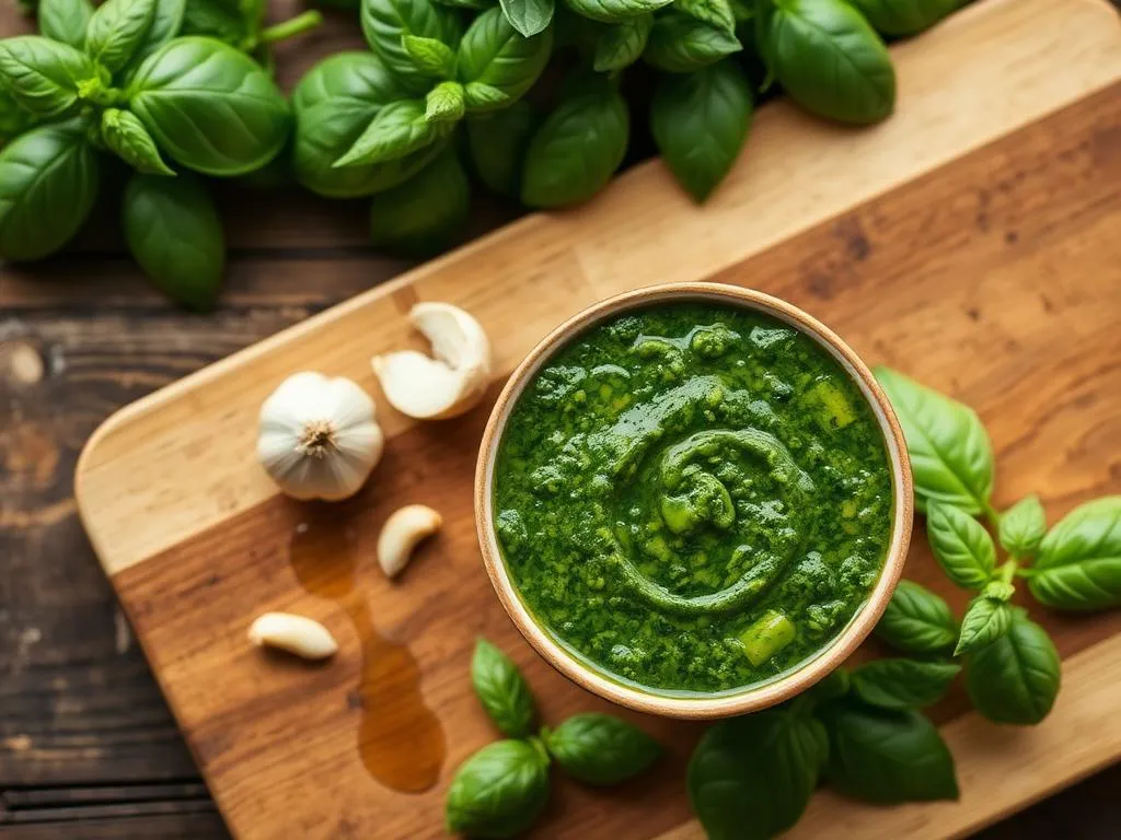 Fresh basil pesto in a bowl with garden basil leaves