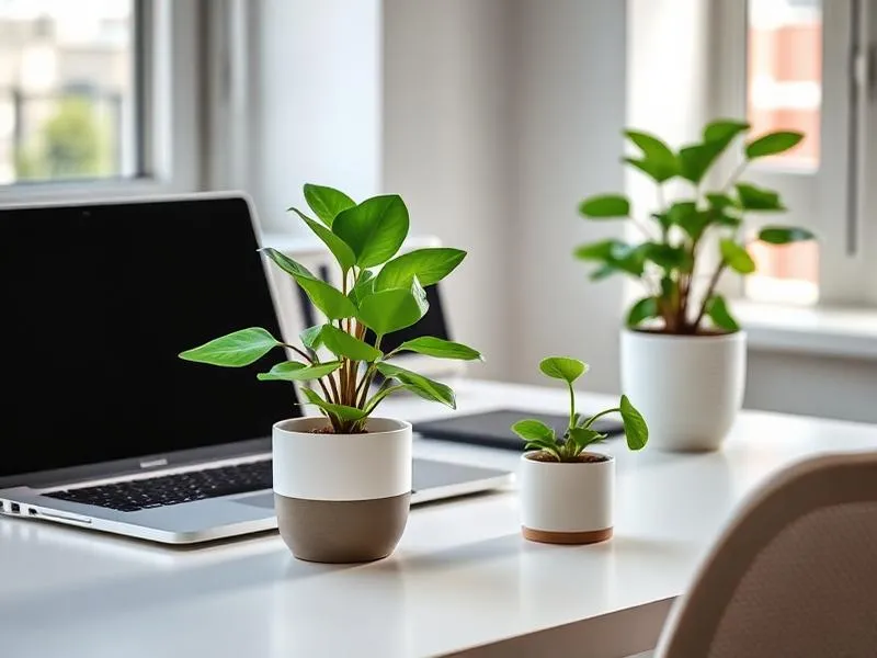 A home office desk with air-purifying plants like ZZ and Pothos