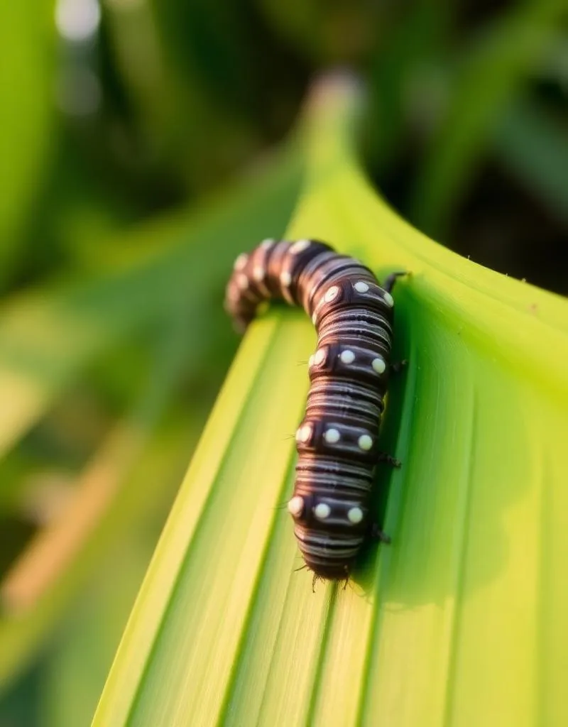 An Echo Moth caterpillar resting on a Sago Palm leaf