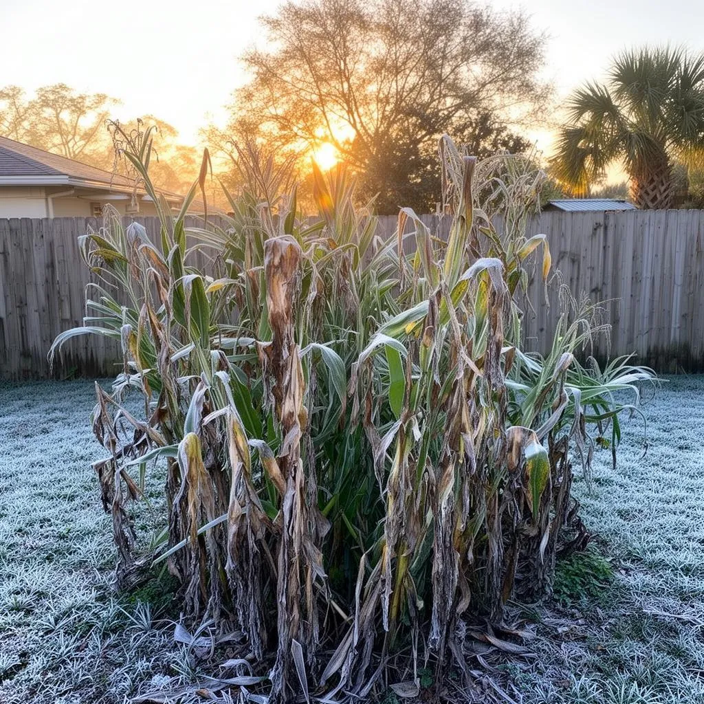 A frost-burned Florida garden after a winter cold snap