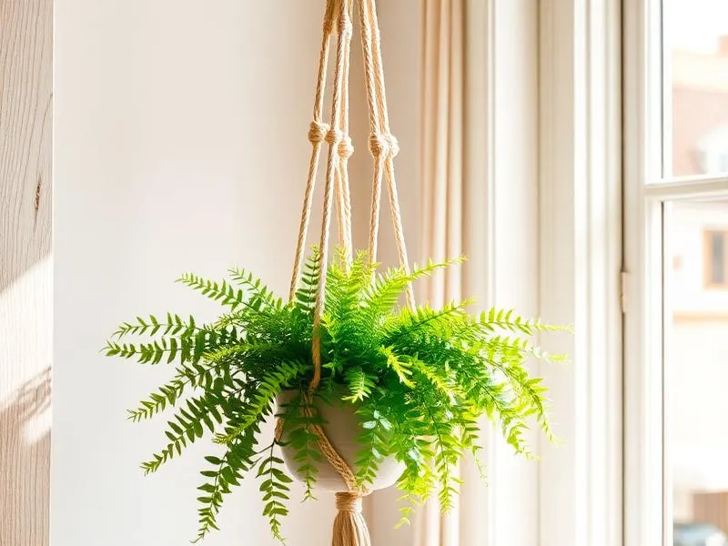 A macramÃ© plant hanger holding a fern by a sunny window