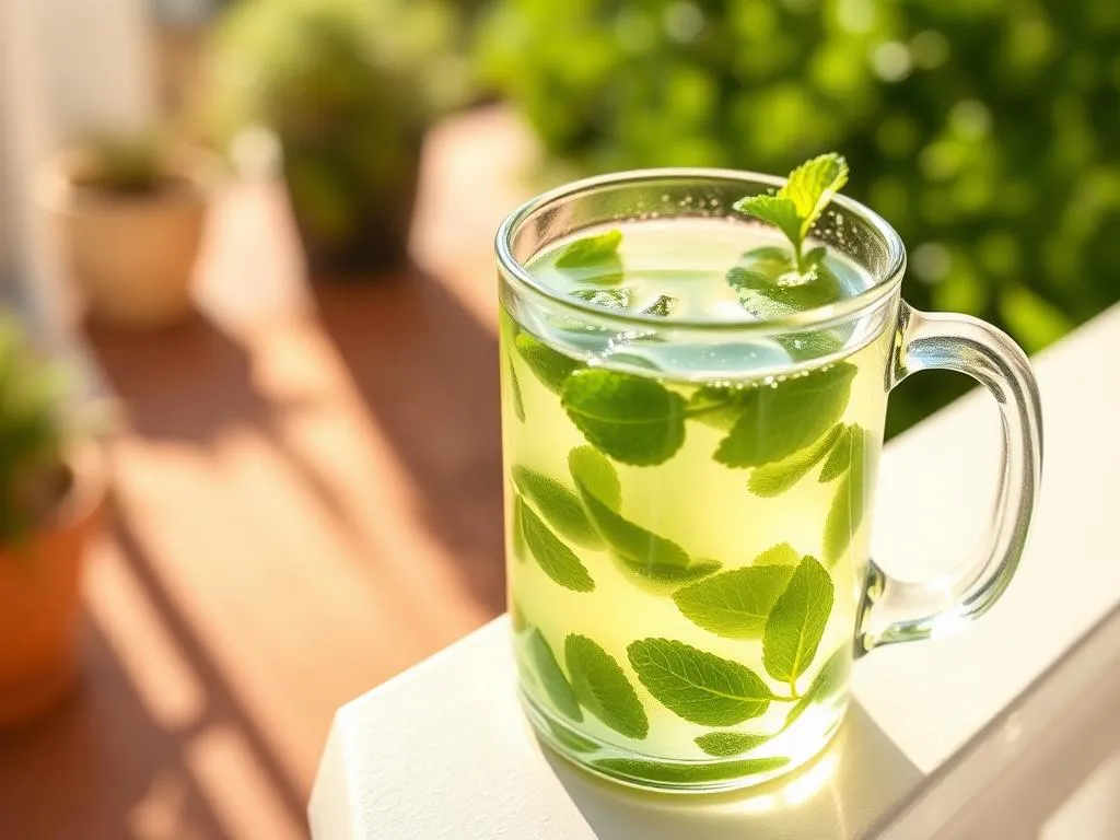 A glass mug of fresh mint tea with mint leaves on a balcony