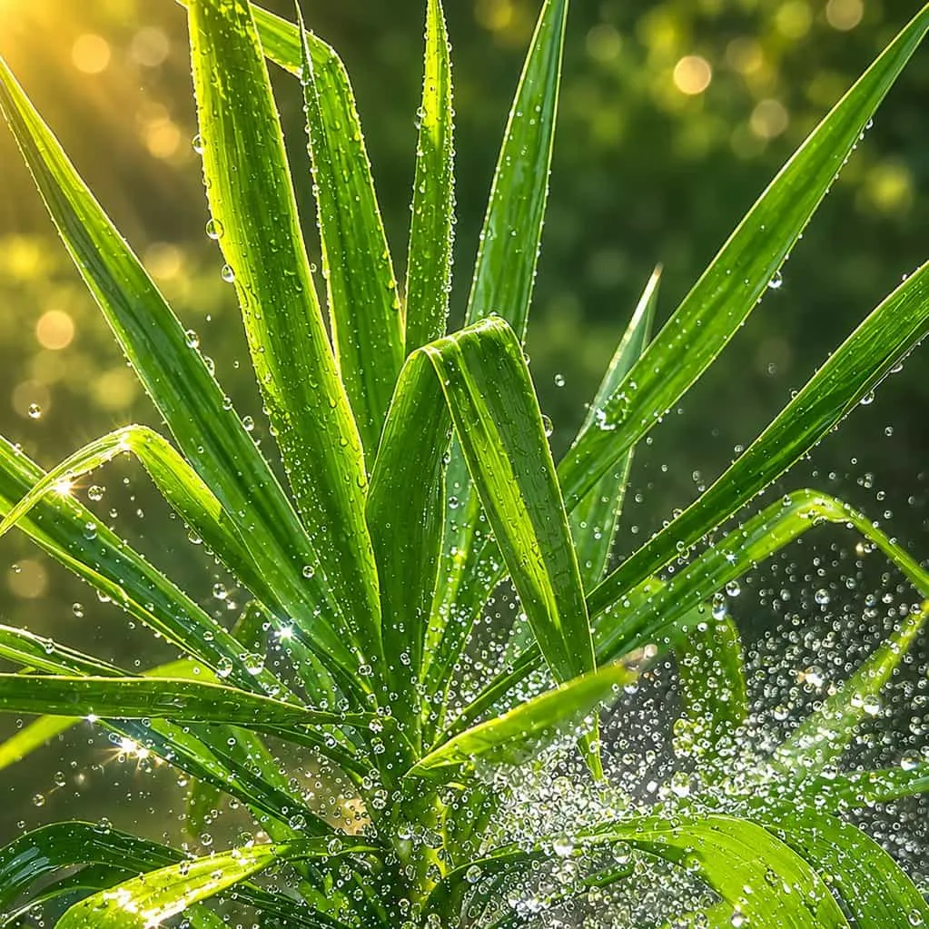 Morning dew droplets resting on green leaves at sunrise