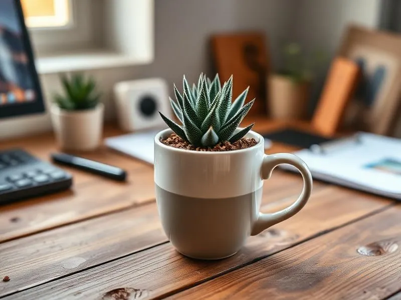 An aesthetic mug repurposed as a succulent planter on a desk