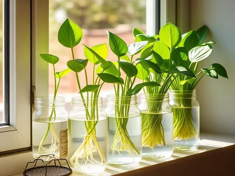 Pothos cuttings rooting in a glass propagation jar