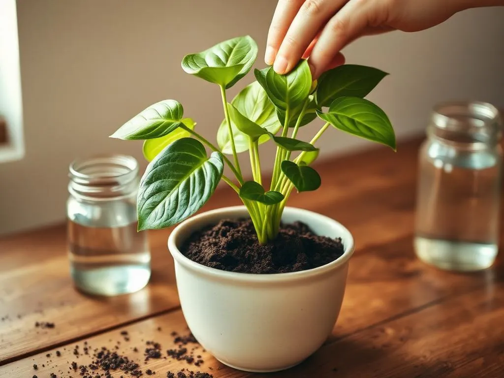 A rooted Pothos cutting being potted into fresh soil