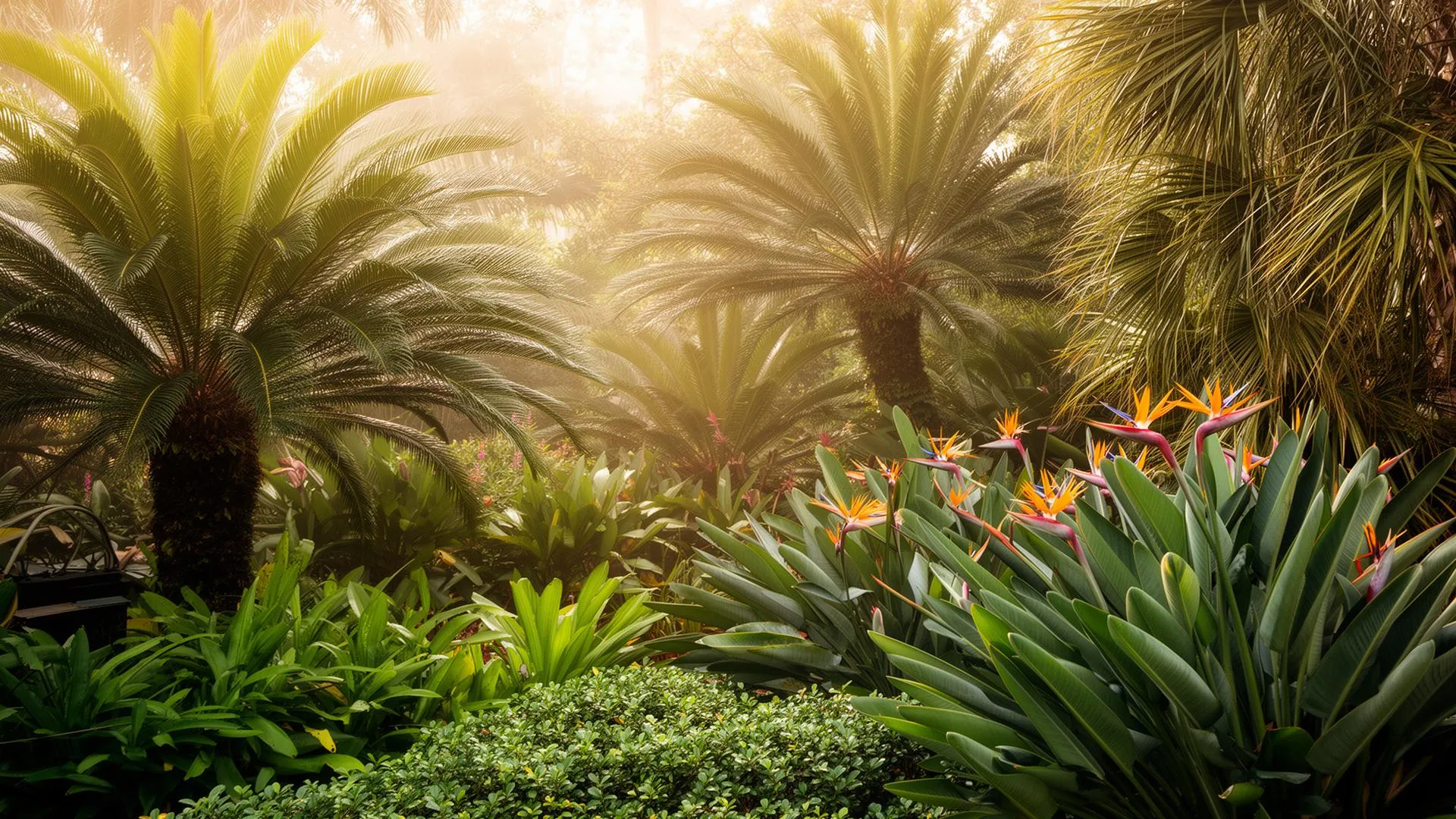 Beautiful tropical garden with sago palms and bird of paradise flowers